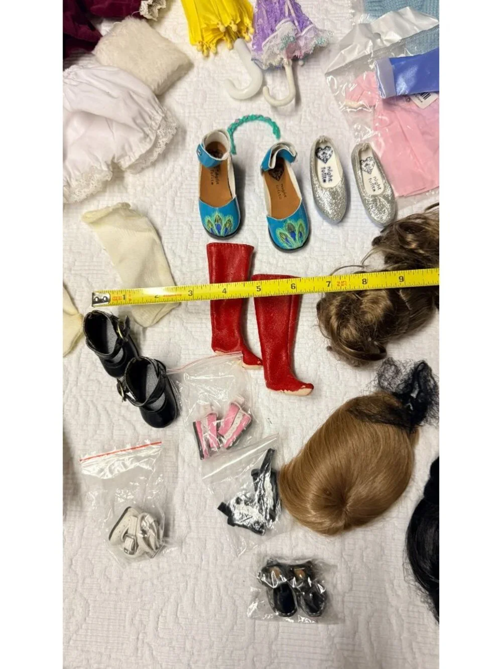 Vintage Doll Bear Clothing Accessories Wig Shoe Lot Various Sizes See Pics